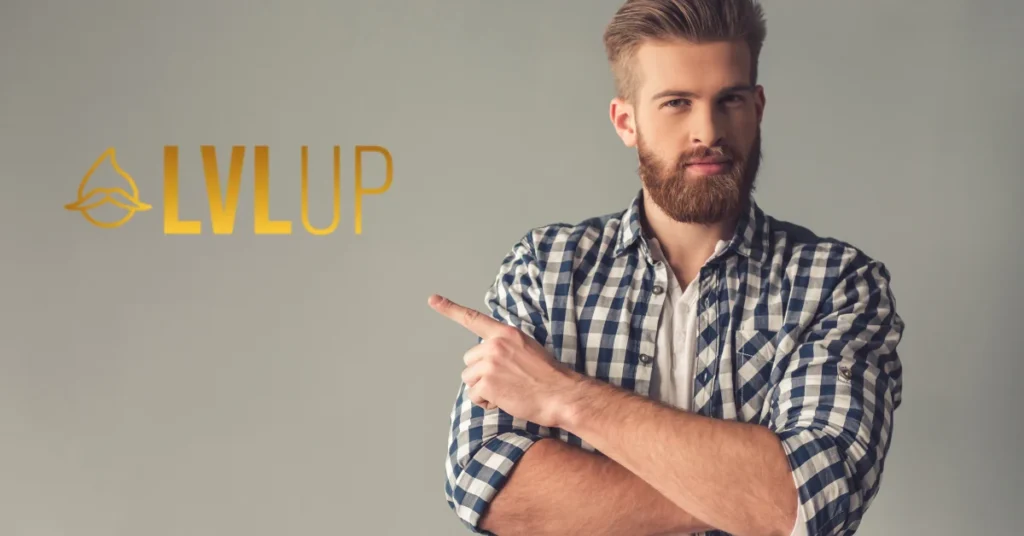 LVLUP Shave Oil man pointing at the product for a better shaving experience