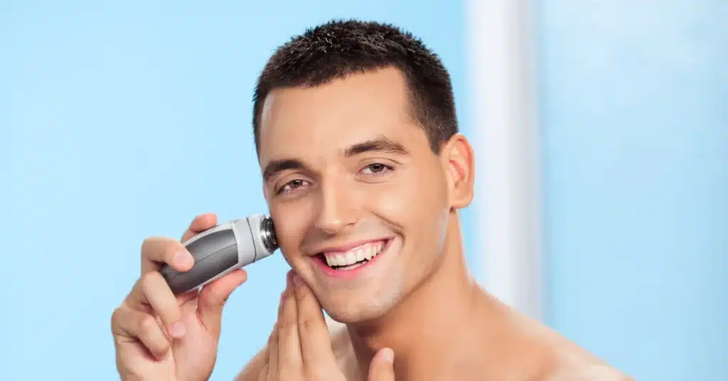 Man achieving irritation-free shave", "Close-up of irritation-free shaving products